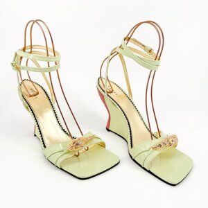 Gucci Crystal Tiger Wedge Sandals EU 41 US 11 Pastel Green Patent Embellished